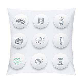 Personality  Medicine, Drugs, Pills, Pharmaceutics Line Octagon Icons, Vector Illustration Pillow Covers