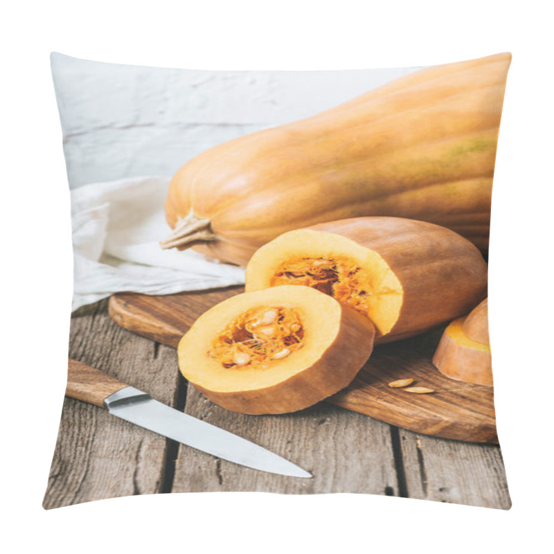 Personality  Close Up View Of Cut Pumpkins On Wooden Tabletop And White Brick Wall Background Pillow Covers
