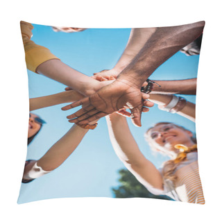 Personality  Bottom View Of Multiracial Young Friends Holding Hands Together With Blue Sky On Backdrop Pillow Covers