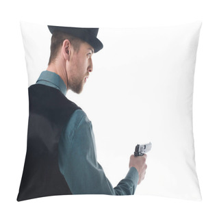 Personality  Back View Of Spy Agent In Hat With Gun In Hand Isolated On White Pillow Covers