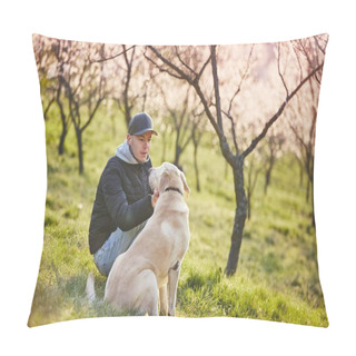 Personality  Man With Dog In Spring Nature Pillow Covers
