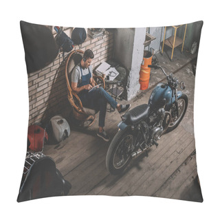 Personality  Mechanic In Repair Shop With Motorbike Pillow Covers