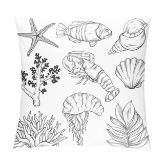 Personality  Vector Outline Sea Creatures Set. Wild Life Sea Inhabitants Pillow Covers