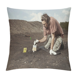 Personality  Uncovering Of Old Human Grave And Skull On Summer Terrain Excavations On Field Location Pillow Covers