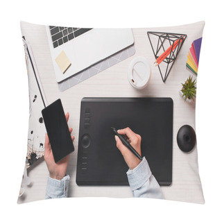 Personality  Cropped View Of Designer Using Graphics Tablet, Pen And Smartphone With Blank Screen, Flat Lay Pillow Covers