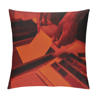 Personality  Cropped Photographer Skillfully Prepares A Film Negative For Photo Development In Darkroom Pillow Covers