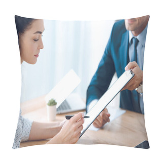 Personality  Cropped Shot Of Lawyer Holding Clipboard And Young Woman Signing Document  Pillow Covers