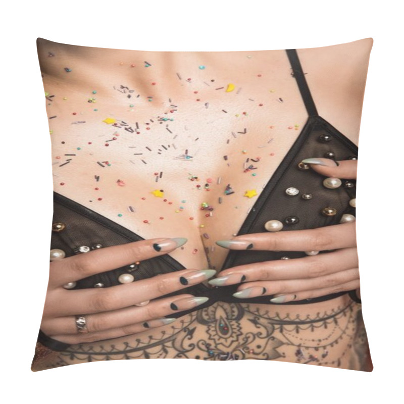 Personality  cropped image of closeup female breasts with tattoo in lingerie pillow covers