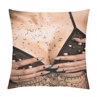 Personality  Cropped Image Of Closeup Female Breasts With Tattoo In Lingerie Pillow Covers