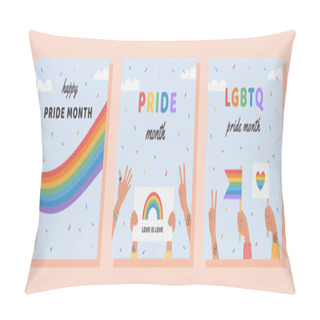 Personality  Vector Square Banner Template Set With LGBTQ Symbols. Social Media Post, Stories With People Hand Holding Flags And Placards. Poster With LGBT Rainbow Flag. Flat Style Illustration For Pride Month. Pillow Covers