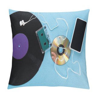 Personality  Top View Of Vintage Vinyl Record, Compact Disk, Earphones, Audio Tape And Smartphone With Blank Screen On Blue, Evolution Concept  Pillow Covers