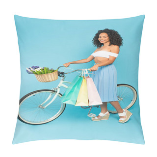 Personality  Cheerful African American Girl Standing Near Bicycle With Shopping Bags On Blue, Summer Concept  Pillow Covers