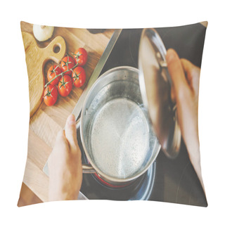 Personality  Cropped Shot Of Man Checking Boiling Water In Cooking Pot Pillow Covers