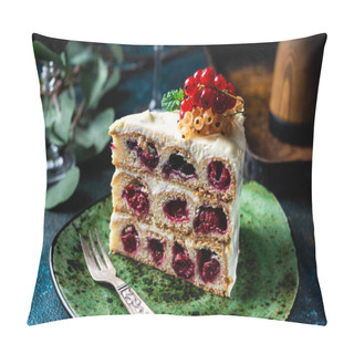 Personality  Cherry Cake. Russian Cake. Traditional Dessert. Piece Of Cake. Berries, Dessert. Red Currant. White Currant. Portion Of Layered Creamy Fruit Cake With In Close Up View. Pillow Covers