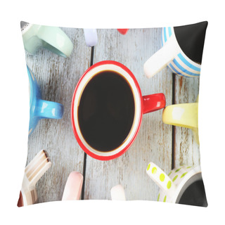 Personality  Many Cups Of Coffee On Wooden Table, Top View Pillow Covers