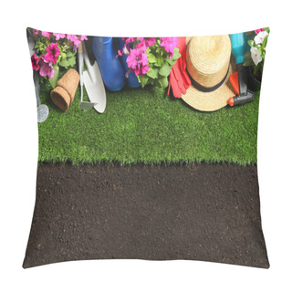 Personality  Flat Lay Composition With Gardening Equipment And Flowers On Soil, Space For Text Pillow Covers