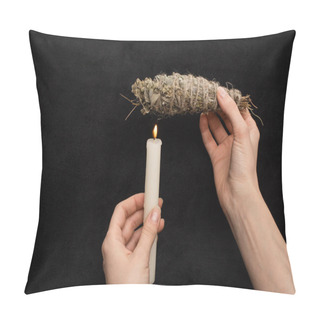 Personality  Cropped View Of Shaman Holding Herbal Smudge Stick Above Burning Candle Isolated On Black  Pillow Covers