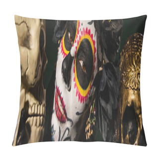 Personality  Portrait Of Woman In Santa Muerte Makeup And Black Wreath Looking At Camera Near Skulls Isolated On Black, Banner  Pillow Covers