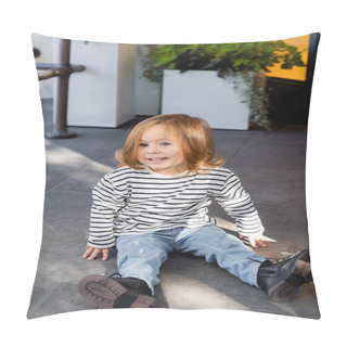 Personality  Happy Toddler Child Sitting On Porch At Backyard Next To House In Miami  Pillow Covers