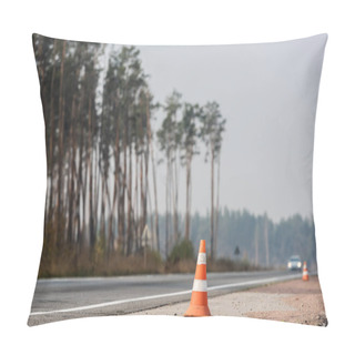 Personality  Roadwork Cones Near Highway With Car Moving With Lighting Headlamps In Ukraine Pillow Covers
