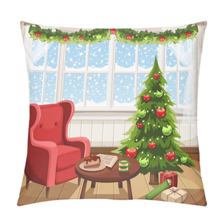 Personality  Vector Christmas Living Room Interior With Fir-tree, Armchair And Snowfall Outside The Window. Pillow Covers
