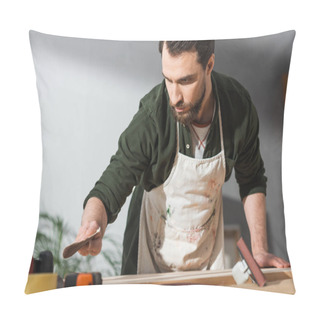 Personality  Repairman In Apron Holding Sandpaper Near Wooden Board In Workshop  Pillow Covers