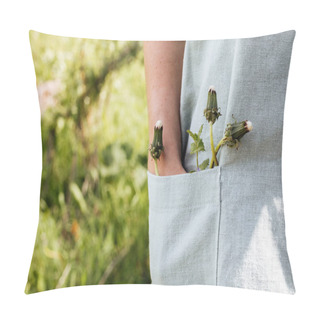 Personality  In The Pocket Of A Linen Apron A Woman's Hand With Dandelions. Pillow Covers