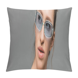 Personality  Portrait Of Young Woman With Natural Makeup And Freckles Wearing Stylish Sunglasses And Looking Away Isolated On Grey Background, Trendy Sun Protection Concept, Banner, Fashion Model  Pillow Covers