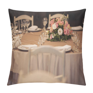 Personality  Beautiful Flowers On Table In Wedding Day. Table Decor With Flowers Table Numbers And Candles. Boquet Of Flowers  On Arranged Table.  Pillow Covers
