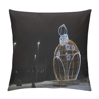 Personality Night Outdoors View Of A Beautiful New Year Sculpture In A Form Of Ball Toy Decorated By Garlands. Concept. City Street Decoration With Illuminated Figure Of Round Shaped Toy Ball, Christmas Theme. Pillow Covers