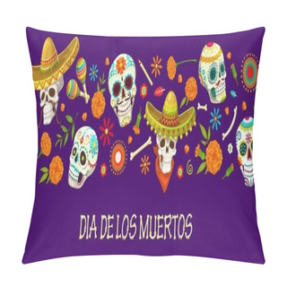 Personality  Mexican Calavera Sugar Skulls On Dia De Los Muertos Holiday Banner. Dia De Los Muertos Carnival Background, Mexico Traditional Festival Poster Or Day Of The Dead Vector Poster With Ornate Skulls Pillow Covers