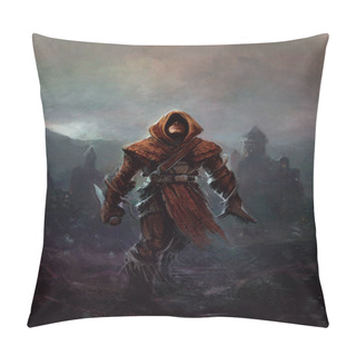 Personality  Fantasy Ranger - Man In A Hood With A Knife In His Hand, A Fortress With A Tower In The Background (digital Painting) Pillow Covers