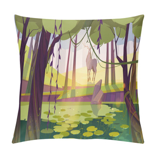 Personality  Summer Landscape With Deer And Swamp In Forest Pillow Covers