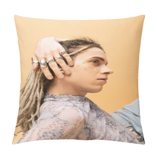 Personality  Stylish Nonbinary Person With Silver Rings On Fingers Isolated On Yellow  Pillow Covers