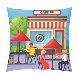 Personality  People In Street Cafe Vector Cartoon Illustration. Couple Sitting At The Table And Drinking Coffee. Friends Having Breakfast. City Lifestyle Concept. Pillow Covers
