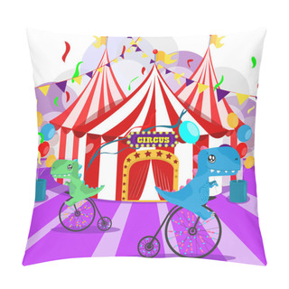 Personality  Two Cute Dinosaurs Stand In Front Of A Stall. Vector Illustration. Pillow Covers