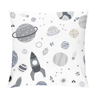 Personality  Seamless Childish Pattern With Space Objects, Space Ships, Planets And Comets. Design For Fabric, Wrapping, Textile, Wallpaper, Apparel. Vector Illustration. Pillow Covers