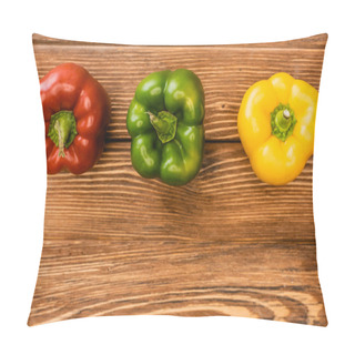 Personality  Top View Of Colorful Ripe Bell Peppers On Wooden Table Pillow Covers