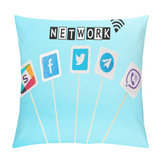 Personality  Social Media Icons And Network Lettering Isolated On Blue Pillow Covers