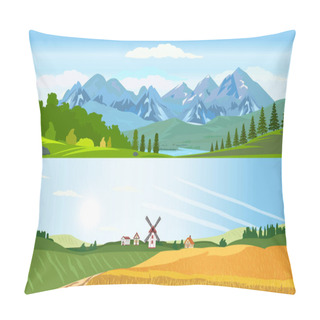 Personality  Vector Of A Rural Scene With Panoramic Scenery Of Wheat Land With Windmill And A Lake With Mountains Landscape  Pillow Covers