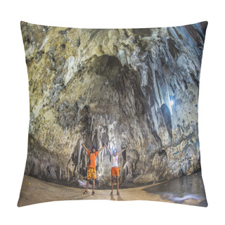 Personality  Young Woman With Backpack Exploring Cave Pillow Covers