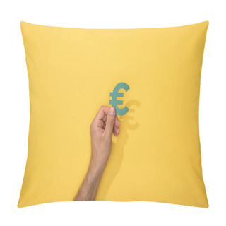 Personality  Cropped View Of Man Holding Green Euro Currency Sign On Yellow Pillow Covers