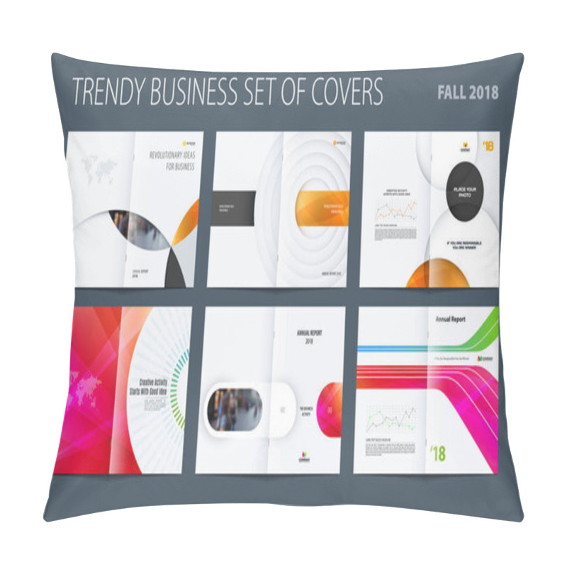 Personality  Design set of abstract double-page brochure with colourful circles, quares, triangles for branding. Business vector broadside. pillow covers