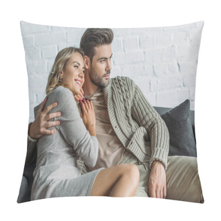 Personality  Cheerful Couple Hugging On Sofa In Living Room And Looking Away Pillow Covers
