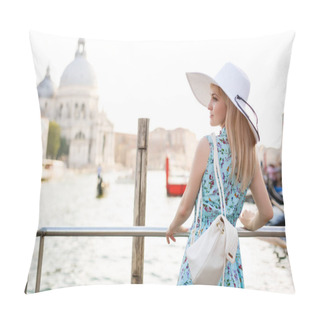 Personality  Travel Tourist Woman With Backpack In Venice, Italy. Girl On Vacation Smiling Happy By Grand Canal. Girl Having Fun Traveling Outdoors. Pillow Covers