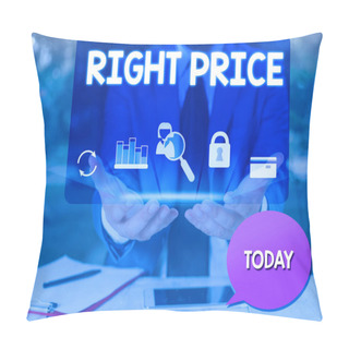 Personality  Text Sign Showing Right Price. Conceptual Photo The Amount Of Money That It Is Reasonable For The Product Man Icons Smartphone Speech Bubble Office Supplies Technological Device. Pillow Covers