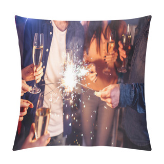 Personality  Group Of Happy People Holding Sparklers At Party And Smiling.Young People Celebrating New Year Together. Friends Lit Sparklers. Friends Enjoying With Sparklers In Evening. Blur Background. Pillow Covers