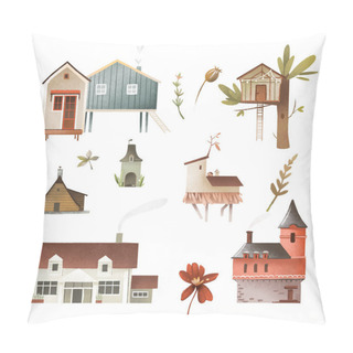 Personality  Houses Set  Illustrations 6 Architecture On The White Pillow Covers