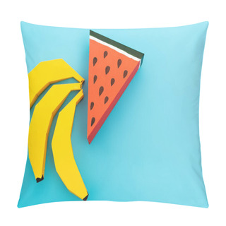 Personality  Top View Of Paper Watermelon And Bananas On Blue Background Pillow Covers