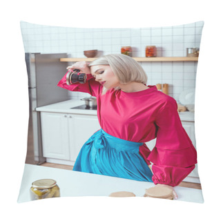 Personality  Beautiful Tired Housewife With Can Sealing Machine And Jars Of Pickled Vegetables In Kitchen  Pillow Covers